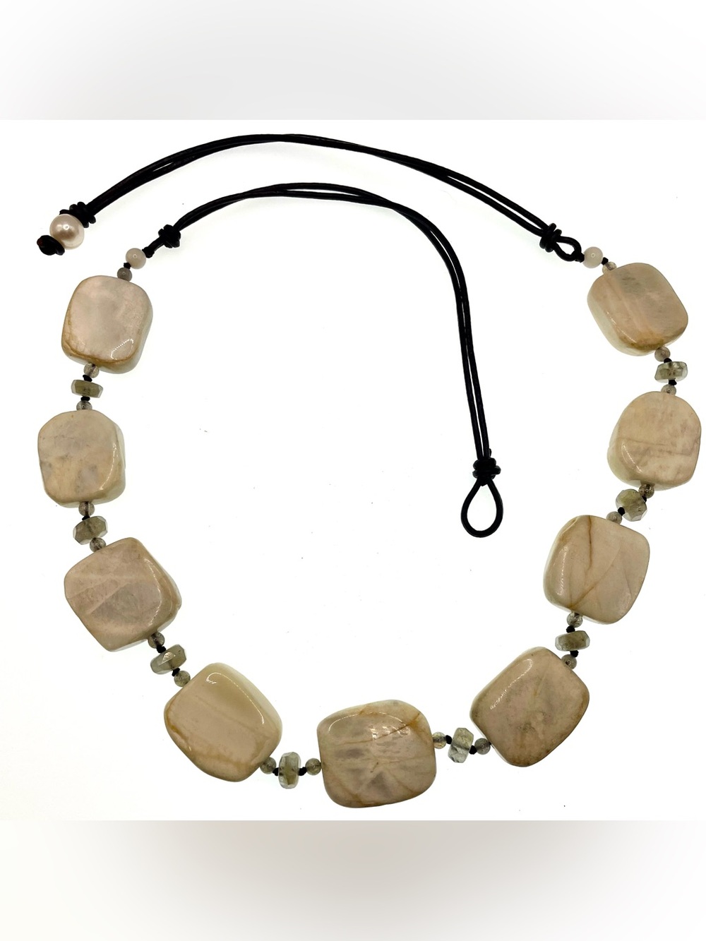 Artisan Natural Stone & Labradorite Statement Necklace Genuine Pearl LeatherCord